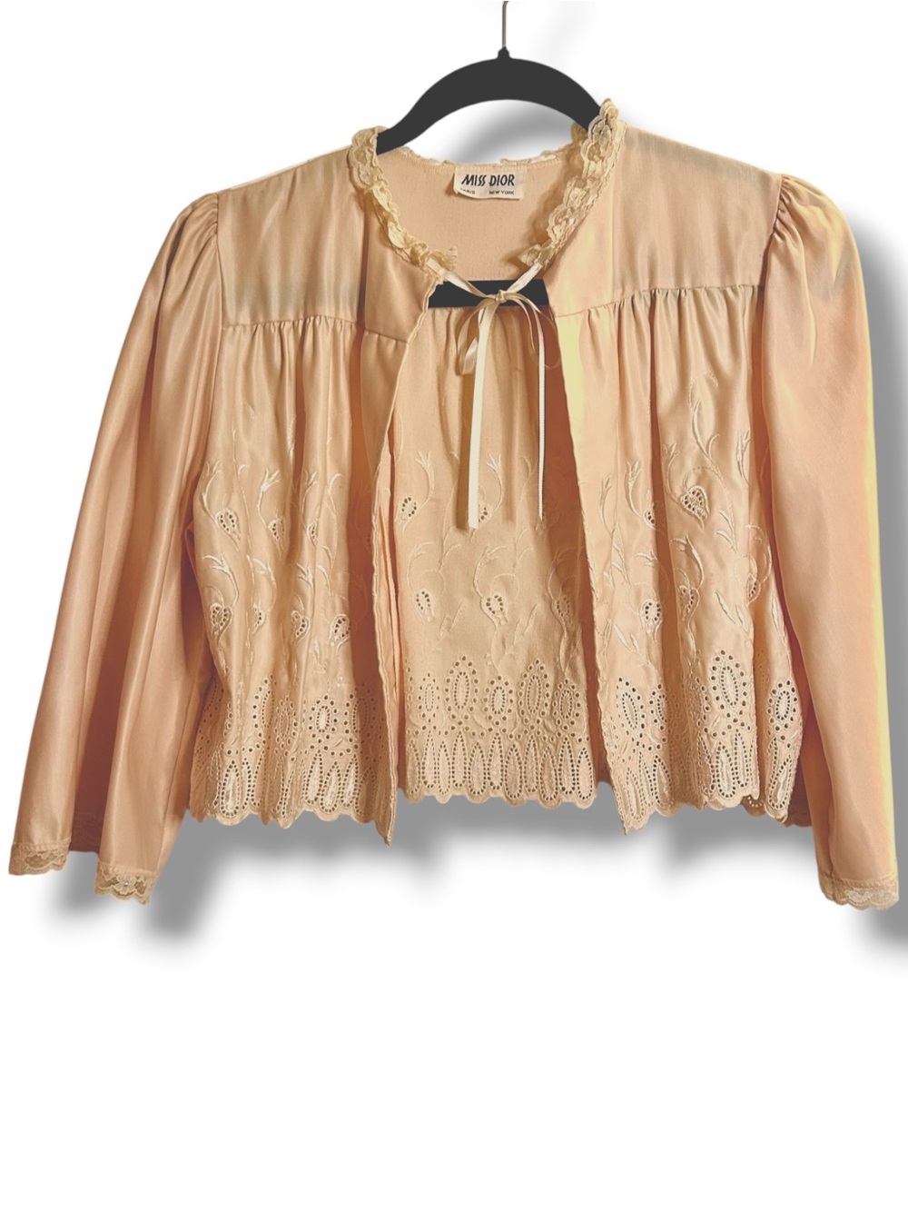 Vintage Miss Dior Peach Pink & Lace Trim Eyelet Blouse Bed Jacket Embroidery Med